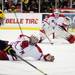 Miami goaltender Ryan McKay in a ready stance as Michigan senior center A.J. Treais skates with the puck on Saturday, March 23. Daniel Brenner I AnnArbor.com